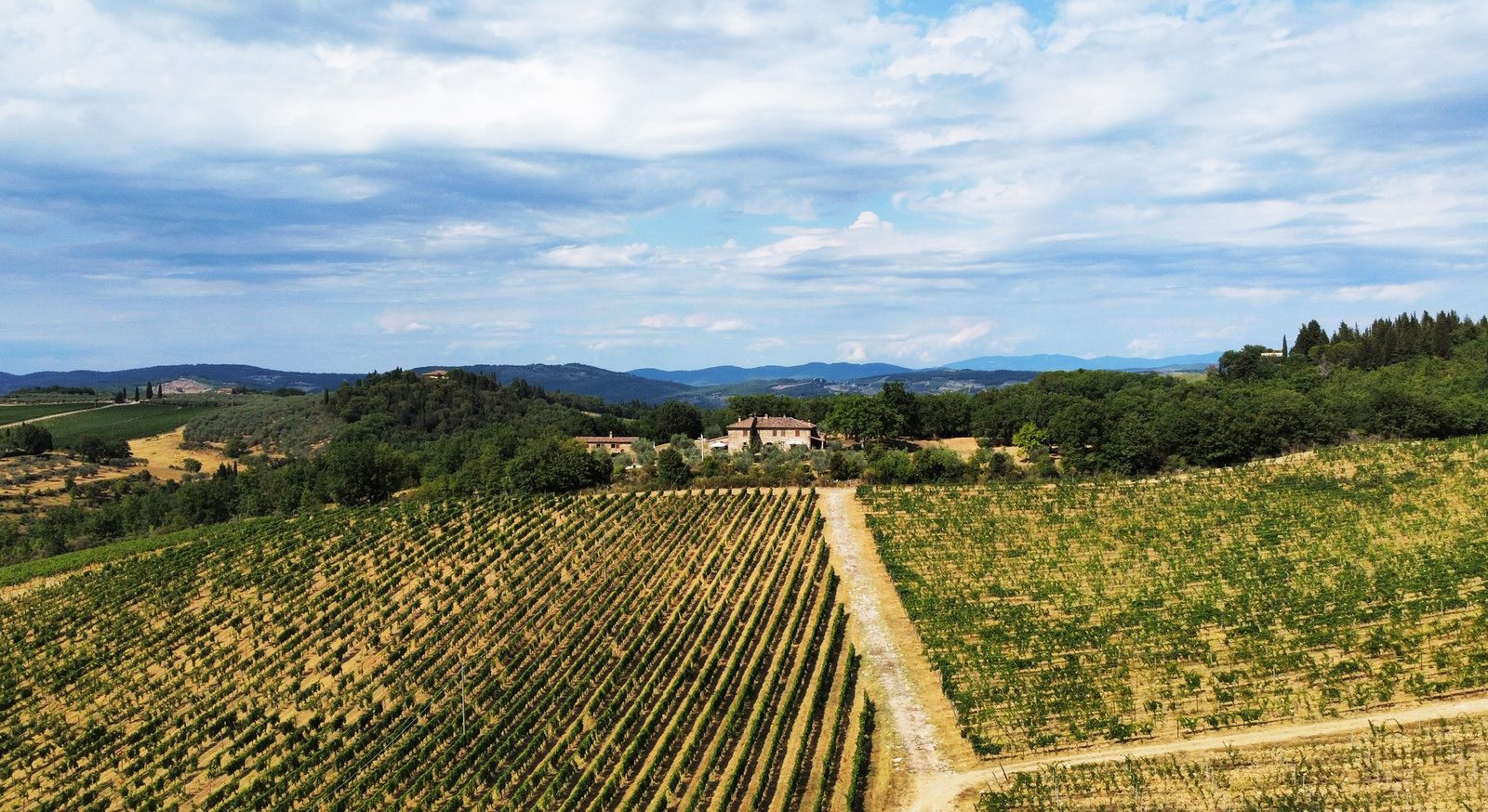 Aerial drone view over Casa Emma winery in Chianti Classico — rows of Sangiovese vines, a stone farmhouse, cypress-topped hills